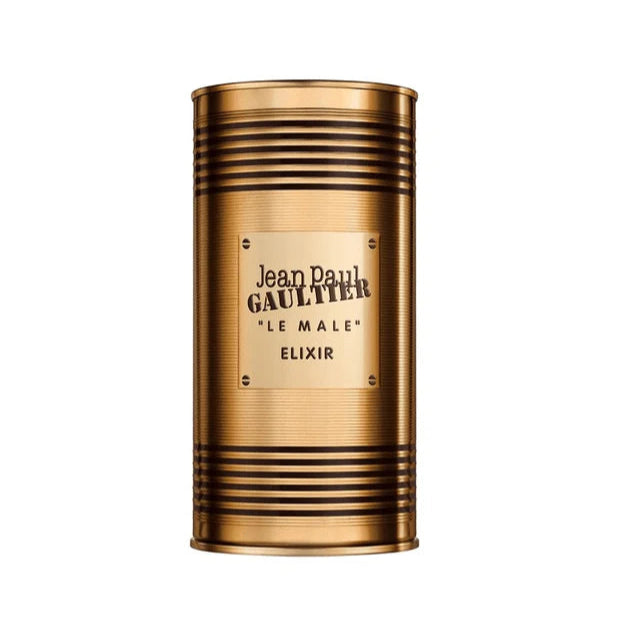 Gold cylindrical container of Jean Paul Gaultier Le Male Elixir on a white background