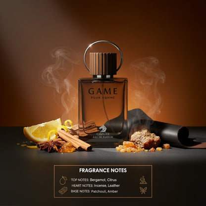 Game Pour Homme Eau de Parfum – Woody Chypre Fragrance for Men | Long-Lasting Woody Perfume | Smoky Leather Perfume | Men's Luxury Cologne | Refined Incense Cedarwood Scent 100ml
