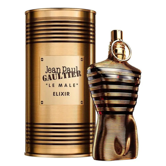 Jean Paul Gaultier Le Male Elixir perfume bottle and packaging on a white background