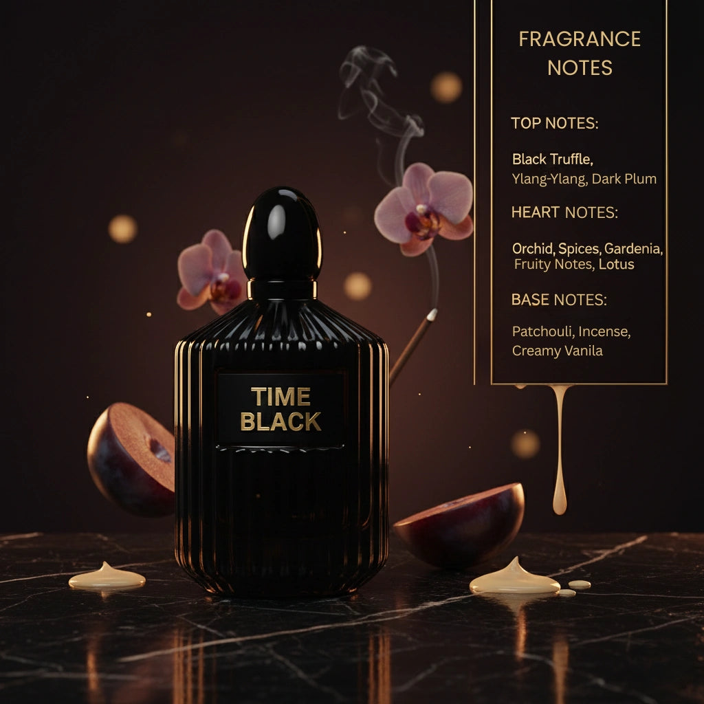 TIME BLACK EAU DE PARFUM (100ml) | Oriental Floral Fragrance for Women | Long-Lasting Black Orchid Vanilla Incense Scent