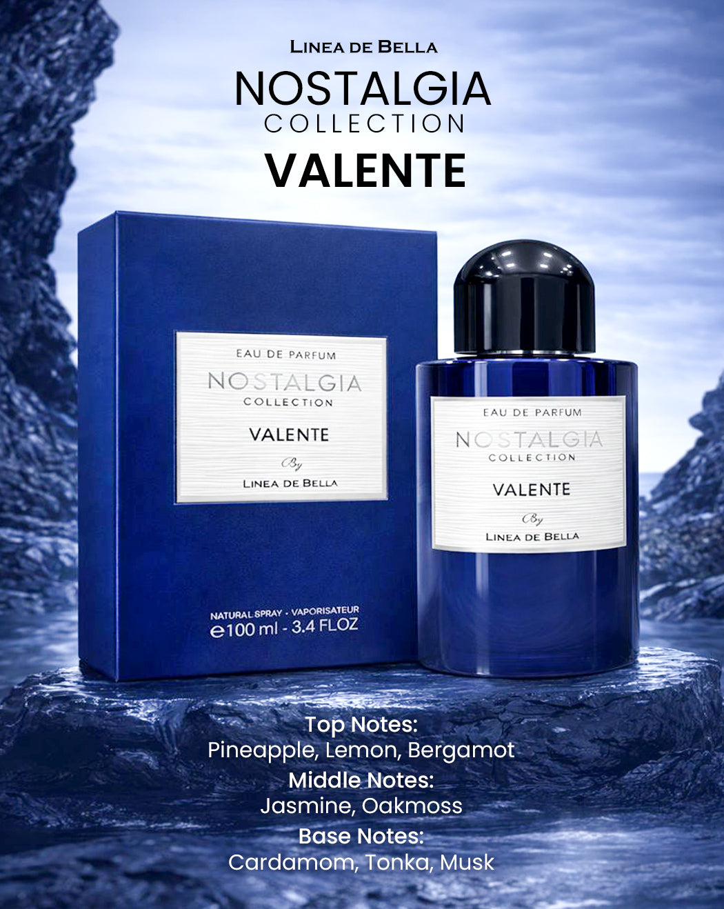 NOSTALGIA VALENTE LONG-LASTING FRUITY FLORAL PERFUME FOR MEN 100ML | PINEAPPLE, CITRUS & JASMINE EAU DE PARFUM | WARM MUSKY TONKA BASE | LINEA DE BELLA
