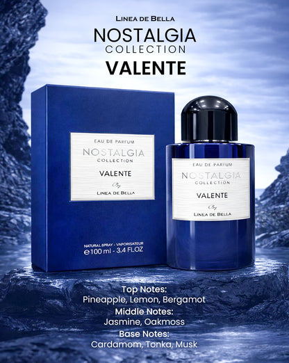 NOSTALGIA VALENTE LONG-LASTING FRUITY FLORAL PERFUME FOR MEN 100ML | PINEAPPLE, CITRUS & JASMINE EAU DE PARFUM | WARM MUSKY TONKA BASE | LINEA DE BELLA