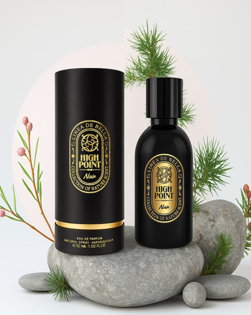 Two black High Point perfume bottles with decorative elements on a light background