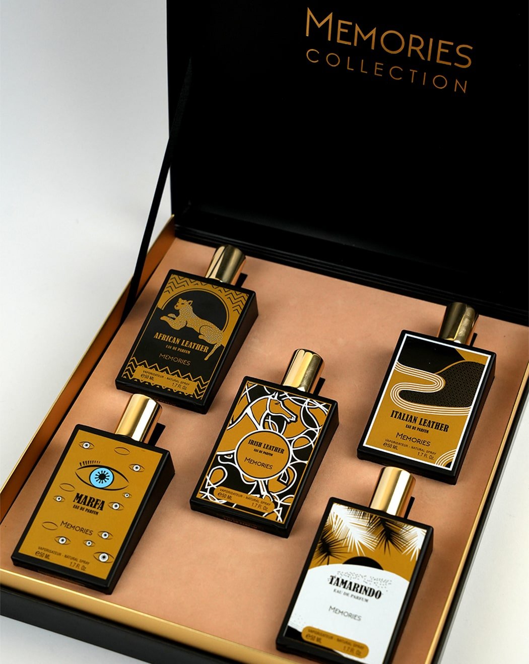 MEMORIES COLLECTION GIFT SET 5 x 50ML AFRICAN LEATHER, ITALIAN LEATHER, ARABIAN LEATHER, MARFA, TAMARINDO - Linea De Bella | Divina Perfumesperfumefragrance