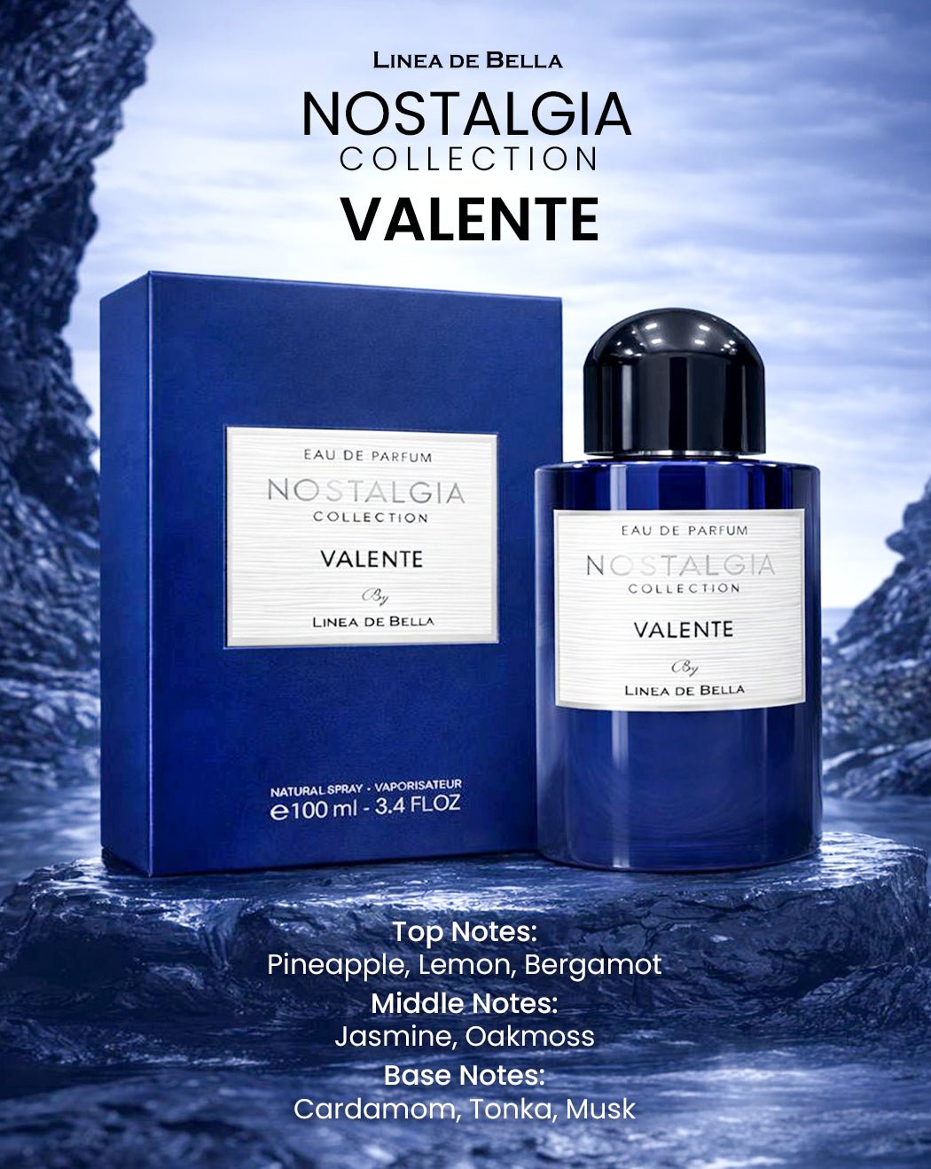 NOSTALGIA VALENTE LONG - LASTING FRUITY FLORAL PERFUME FOR MEN 100ML | PINEAPPLE, CITRUS & JASMINE EAU DE PARFUM | WARM MUSKY TONKA BASE | LINEA DE BELLA - Linea De Bella | Divina Perfumesperfumefragrance