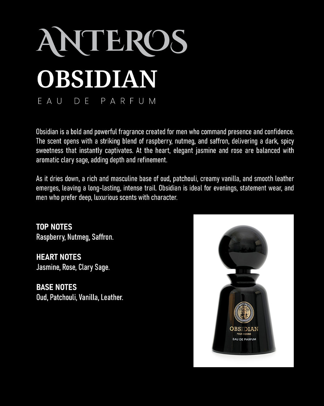 OBSIDIAN EDP LUXURY LONG LASTING OUD PERFUME FOR UNISEX | BOLD SPICY WOODY FRAGRANCE 100ML BY ANTEROS