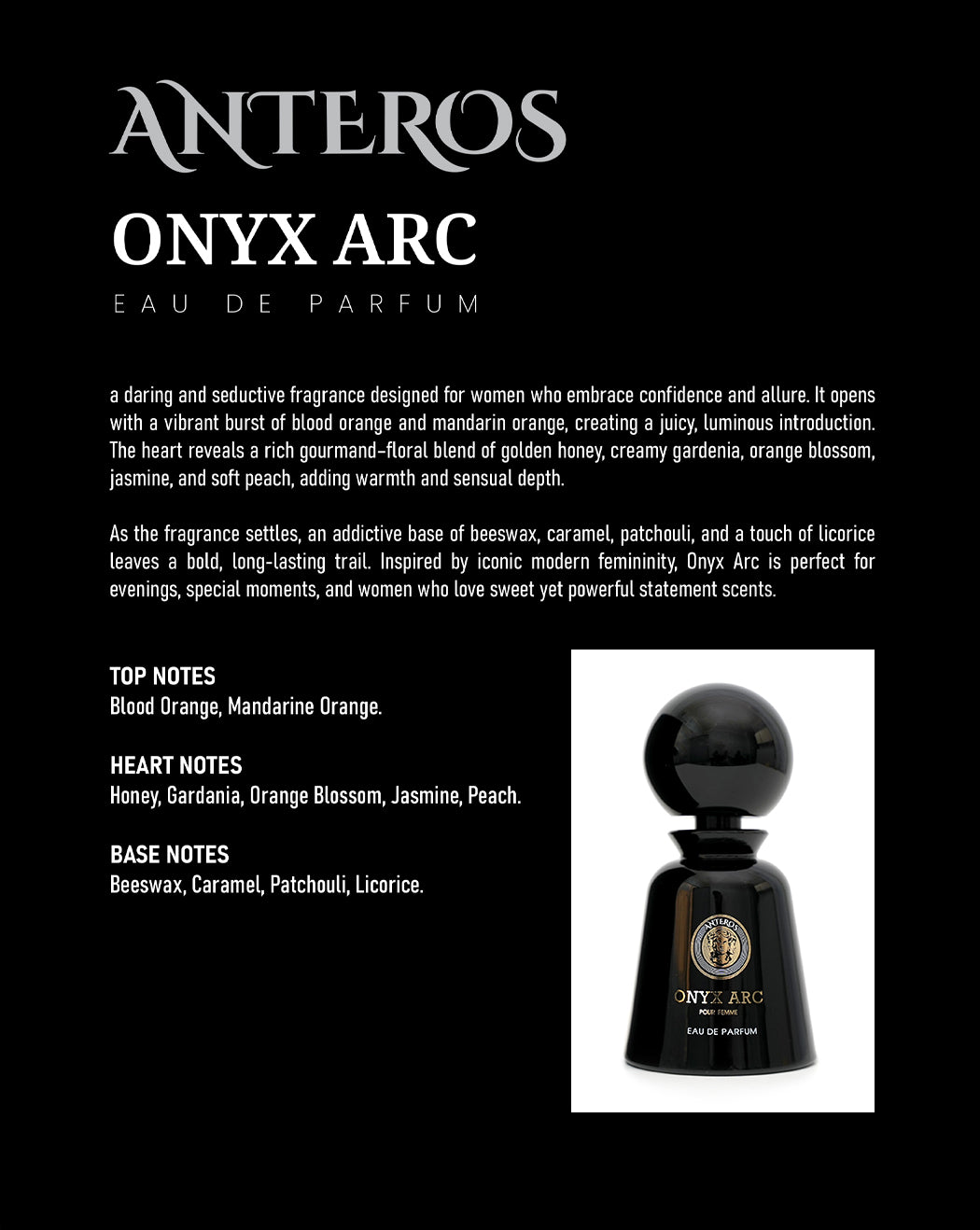 ONYX ARC PREMIUM PERFUME FOR WOMEN | BOLD VANILLA, ORANGE BLOSSOM & PATCHOULI FRAGRANCE 100ML BY ANTEROS