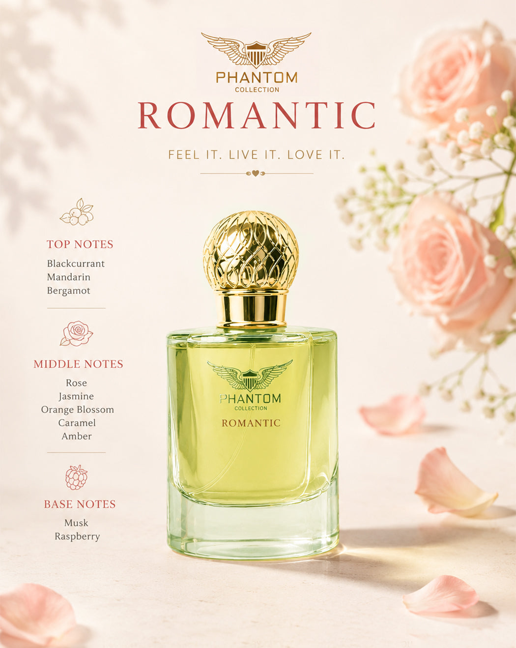 PHANTOM ROMANTIC EDP ROSE JASMINE AMBER MUSK PERFUME FOR WOMEN 100ML