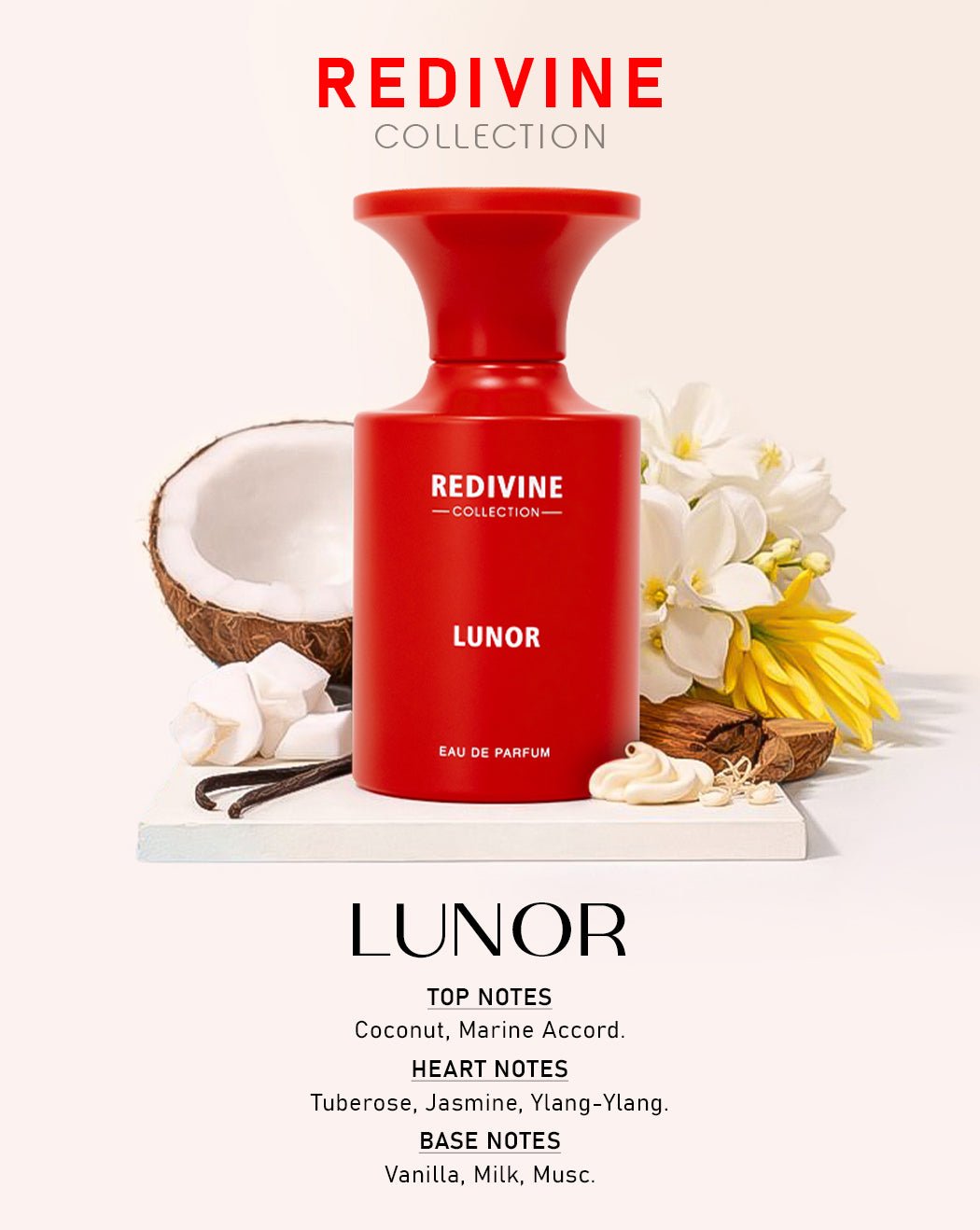 REDIVINE LUNOR EDP LONG - LASTING PERFUME FOR WOMEN | COCONUT VANILLA FLORAL FRAGRANCE | PREMIUM SCENT EDP 100ML BY ANTEROS - Linea De Bella | Divina Perfumesperfumefragrance